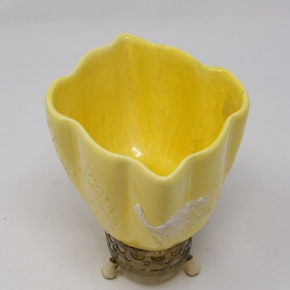 Vintage MCM Mid-Century Modern Yellow Splatter Glaze Vase Planter on Brass Stand - Picture 3 of 10